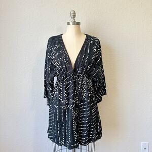 ZARA Kimono Mini Dress Black Polka Dots Kaftan Cotton Beach Goth NWT